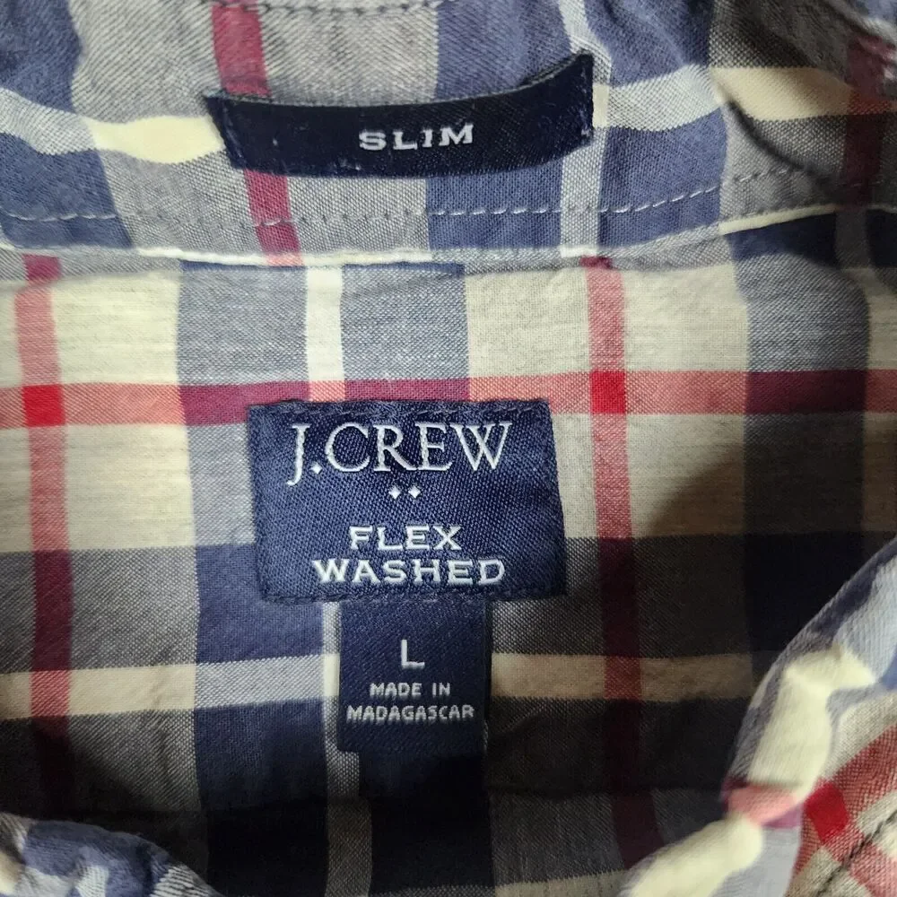 J Crew Shirt Mens L Red Blue Plaid Check Flex Wash Button Up Slim A867